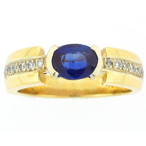 18k Yellow Gold Oval Shape Blue Sapphire Bezel Set Round Cut Diamonds Ring-Size 8