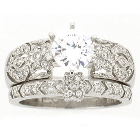 18k White Gold Round Cut Center Stone Round Cut Diamonds Wedding Ring and Band Set