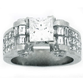 18k White Gold Princess Cut Center Diamond Stone with Princess Cut + Baguettes Diamond Invisible Set Engagement Ring