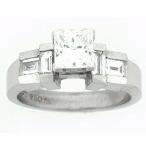18k White Gold Princess Cut Diamond Center Stone with Diamond Baguette Bezel Set Engagement Ring-Size 8