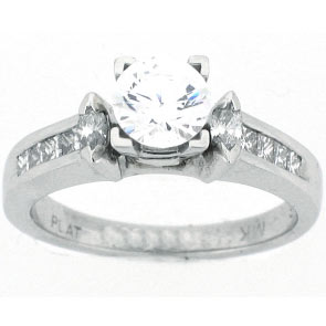 Platinum Round shaped multi stones Center with Two Marquise Diamond Side Stones and Princess invisible set Diamonds Engagement Ring
