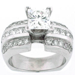 18k White Gold Princess Cut Diamond Center Stone with Round Cut Diamonds and Princess Cut Channe lSet Ring-Size 8