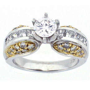 14k Two Tone Round Cut Diamond Center Stone Princess Cut Diamonds Channel Set Ring-Size 8