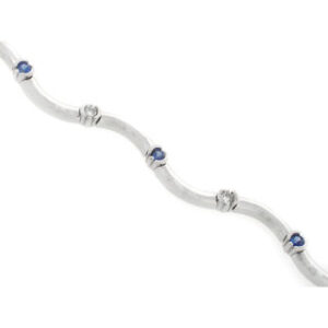14k White Gold Round Cut Diamonds and Round Shape Blue Sapphires Bracelet