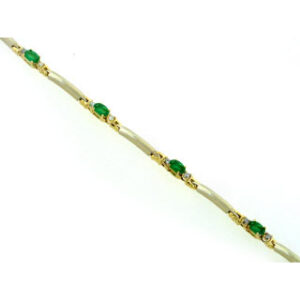 14K Two Tone oval Shape cut Emerald Gemstones + Round Cut Diamonds Bracelet