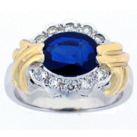 14k White Gold Oval Shape Blue Sapphire Center 3 stone ring with 2 Round Cut Diamonds stones