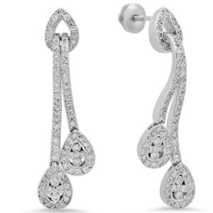 14k White Gold Round Cut Diamonds Dangling Screw Back Earrings