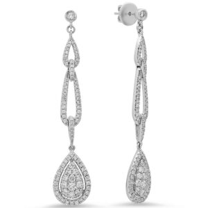 18k White Gold Round Cut Cluster Diamonds Dangling Earrings