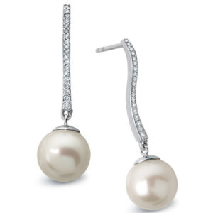 14k White Gold Round Shape cultured Pearl Round Cut diamond dangling earrings