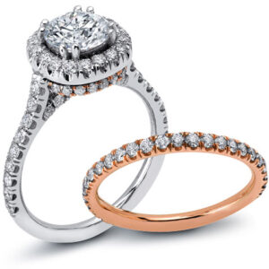 18k Two Tone Round Cut Diamond Center Stone Diamond Halo Wedding Ring and Band Set-Size 8
