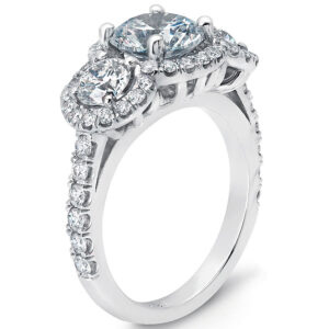 14k White Gold 3 stone halo ring.Round Cut Center diamond Stone with Two Round Cut Diamonds side stones .