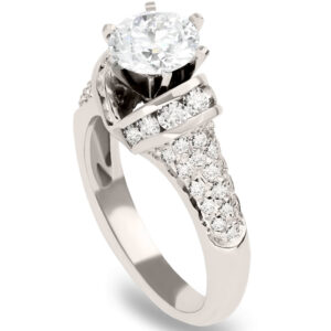 18k White Gold Round Cut Center Stone Round Cut Diamonds Channel Set and Round Cut Cluster Diamonds Engagement Ring-Size 8