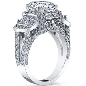 14k White Gold Round Cut Center Stone Diamond Halo Diamond Split Shank Ring