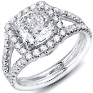14k White Gold Round Cut Center Stone Diamond Halo Round Cut Diamonds Split Shank Ring