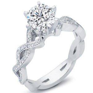14k White Gold Round Cut Diamond Center Stone Round Diamonds and petite Twisted Engagement Ring