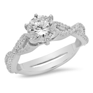 14k White Gold Round Cut Center Stone Round Diamonds Twisted Engagement Ring