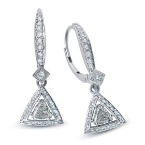 14k White Gold Round Triangle cut center Diamonds Lever- back Earrings