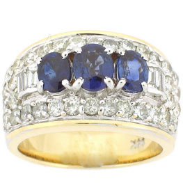 14k Two Tone Three Oval Shape Blue Sapphire with Two Side Diamonds Bageuttes and Round Cut Diamondds Band