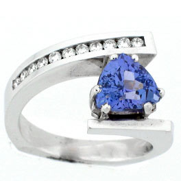 14k White Gold Trillion Shape Tanzanite with Round Cut Diamond Channel Set Ring