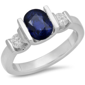 14k white gold Ring Oval Sapphire Center Stone Classic Tension Three-Stone