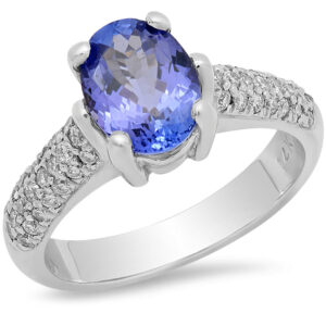 14k White Gold Oval Shape Tanzanite Center Stone with Round cut pavée set diamond Ring