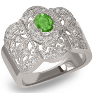 14k White Gold Oval Shape Emerald Color Stone Center Stne Round Diamonds Band