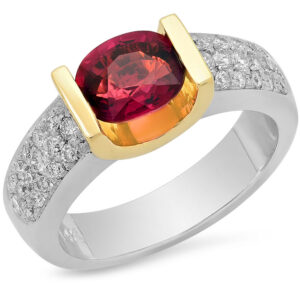 14k Two Tone Oval Shape RubyLight Center Stone Round Cut Cluster Diamonds Ring
