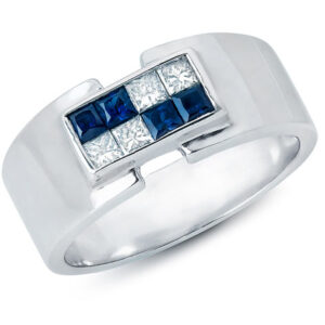 14k White Gold Men's Princess Cut Diamonds and Blue Sapphires Band