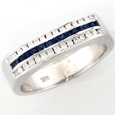 14k White Gold Princess cut Blue Sapphires and Round Diamonds Channel set Band