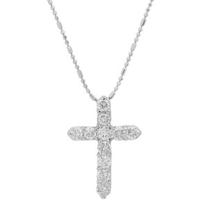 14k White Gold Round Diamonds Cross Pendant Necklace