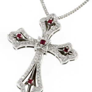 14K White Gold Round Diamonds and Ruby Cross Pendant Necklace