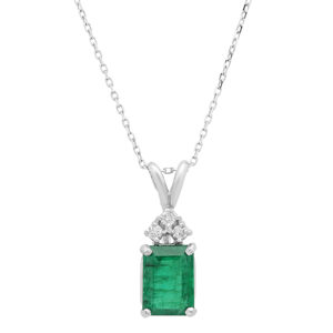 14K White Gold Emerald Cut gemstone Center + Round Diamonds Pendant Necklace