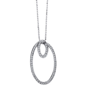 14k White Gold Round Diamonds Oval Shaped Pendant Necklace