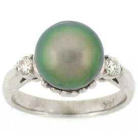 14k White Gold Round Shape Thaitian Pearl Round Diamonds Ring-Size 8