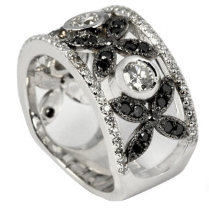14k White Gold Ring with White & Black Diamonds