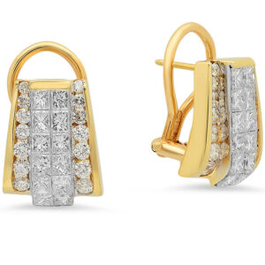 18k Yellow Gold Princess Cut Invisible Set and Round Diamonds Lever Back Earrings
