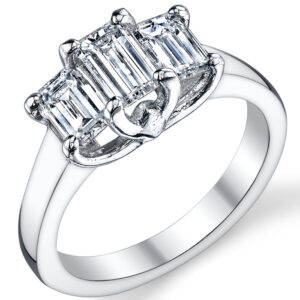 14k White Gold Three Stone Emerald Cut Diamonds Ring.