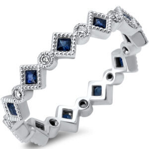 14k White Gold Round Diamonds & Princess cut Sapphires