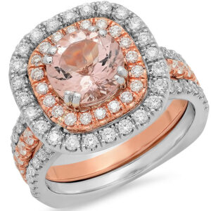 14k 2-Tone Pink Morganite round cut center Gemstone Diamond Halo Ring